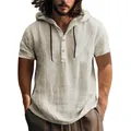 Détail d'une chemise à capuche en lin beige pour homme avec patte de boutonnage. - S / Hauts / Kaki