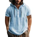 Détail d'une chemise à capuche à manches courtes en coton et lin bleu clair pour homme - S / Hauts / Bleu ciel