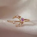 Elegante anello regolabile placcato oro con motivo luna e stella e zircone viola brillante - Aperto Regolabile / Oro Stella Luna Zirconia Stella Viola (JZ005)