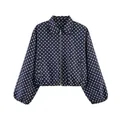 Detailed front view of a navy blue retro polka dot cropped jacket with full zipper - S / Tops / Navy Blue with White Polka Dots