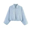Retro light blue polka dot cropped jacket with zipper closure and elastic cuffs for women - S / Tops / Blue