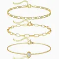 Gold-plated titanium steel bracelet set featuring paperclip and Cuban links with CZ. - Gold Double-Loop Paperclip Cuban Bracelet (3-Piece Set)