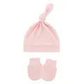 Conjunto de gorro con nudo y manoplas antiarañazos rosa para bebé, algodón suave y fresco - Talla única / Rosa Claro