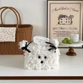 Housse de boîte à mouchoirs en peluche chien blanc avec des nœuds noirs pour déco - Blanc