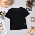 Detail of black sheer mesh leopard print flocking short sleeve slim fit cropped top - S / Tops / Black