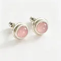 Elegant round pink stone stud earrings with silver-plated beaded frame design - Pink
