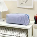 Blue and white striped seersucker pencil case for stylish student desktop organization - Dark Blue