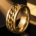 Golden stainless steel spinner ring with a polished Cuban chain link decorative inlay - 23-b-3 All Gold Chain Ring / Size 12