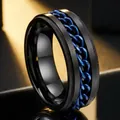 Black stainless steel spinning ring for men with blue chain inlay and matte finish - 25-c-3 Embossed Blackcurrant Blue (refund Or Exchange Guaranteed If It Fades) / Size 5