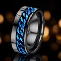 Black stainless steel spinner ring for men with blue chain and Roman numerals - 23-e-6 Roman Numerals Black Circle Blue Chain / Size 7