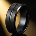 Men's black stainless steel ring with brushed finish and polished center groove - 18-a-3 Black / Size 7