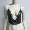 Close-up detail of sexy metallic aluminum mesh sequin halter top with chain straps - One Size / Tops / Gunmetal