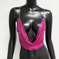 Close-up of pink metallic aluminum mesh halter top with elegant silver chain straps - One Size / Tops / Rose Red