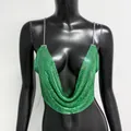 Detail of green metallic sequin mesh top with slim silver chain straps and draped neck. - One Size / Tops / Green