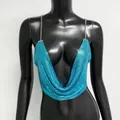 Detailed texture of blue metallic mesh sequin crop top with thin chain straps on mannequin - One Size / Tops / Lake Blue