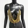 Close-up of leopard print metallic mesh halter top with deep V-neck and chain straps - One Size / Tops / Leopard Print Gold