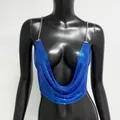 Detailed macro view of a sexy blue metallic sequin mesh halter top with silver chain straps. - One Size / Tops / Sapphire Blue