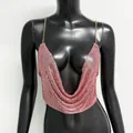 Elegant pink metallic sequin halter top with gold chain straps and sexy deep V neck - One Size / Tops / Rose Gold