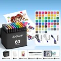 Professional Touch Mark 60-color alcohol dual-tip marker set with storage bag and base - 60 Colors for Students (With 7 Gifts)