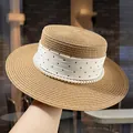 Sombrero de paja francés de copa plana con perlas y cinta de lunares para el sol - Estilo de Lunares de Perlas Artificiales D-0056 / Caqui