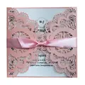 Pink laser-cut lace wedding invitation card with ribbon bow and pearlescent finish - Pink