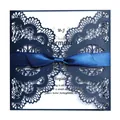 Elegant navy blue laser cut wedding invitation card with ribbon bow and lace details - Magic Blue