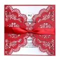 Elegant red laser cut wedding invitation with silk ribbon bow and white inner card - Pearlescent Red