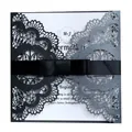 Elegant laser-cut wedding invitation in black and glitter silver with a black bow. - Charcoal Black