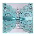Élégante invitation de mariage bleu clair découpée au laser avec ruban assorti - Bleu Tiffany