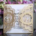 Élégante invitation de mariage découpée au laser dorée avec motif dentelle et oiseaux - Beige Or