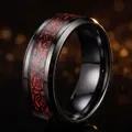 Premium black titanium steel ring for men with intricate red dragon pattern inlay - Red Base Black Motif