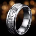 Polished silver titanium steel ring for men with intricate engraved dragon pattern - Silver Base Silver Plate