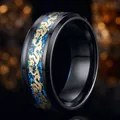 Anillo de acero negro con incrustación de purpurina azul y patrón de dragón dorado - US 7 / Chapado en negro base azul dragón dorado