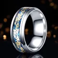 Men's titanium steel ring featuring a gold dragon design and blue glitter inlay detail - Silver Steel Blue Base Gold Dragon