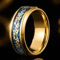 Premium men's titanium steel ring featuring a gold dragon motif on blue glitter inlay - Gold Blue Base Gold Dragon