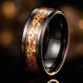 Premium men's titanium steel ring featuring a golden Chinese dragon inlay on red glitter - Black Red Base Dragon