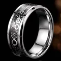 Sleek industrial style men's silver titanium steel ring with black gear pattern inlay - Steel Silver Black Base Silver Gears