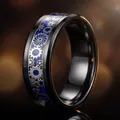 High-quality men's black titanium steel ring featuring a unique blue steampunk gear inlay - Black Blue Base Black Gears