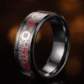 Black polished titanium steel ring for men featuring a red steampunk gear inlay - Black Red Base Black Gears
