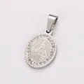 Detailed view of vintage stainless steel oval religious pendant with inlaid rhinestones - Pendant Only (No Chain) / Steel