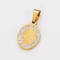 Detailed macro view of an 18k gold plated stainless steel oval religious pendant. - Pendant Only (No Chain) / Gold
