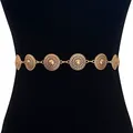 Elegant vintage bohemian gold metal waist chain belt for dresses featuring carved disks - Round Carved Disc Style (11856)