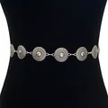 Retro bohemian silver metal waist chain belt featuring ornate filigree circular medallions - Round Carved Disc Style (11857)