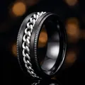 Black stainless steel spinner ring for men featuring a rotatable silver chain inlay - 25-b-3 Embossed Black With Silver (refund And Exchange Guaranteed If Fades) / Size 5