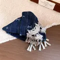 Vintage ethnic style navy denim bow hair claw clip with silver butterfly tassels - 1# Ethnic Style Bow Hair Claw / Blue