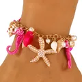 Cavigliera boho da spiaggia con ciondoli a ippocampo rosa, stelle marine e conchiglie - Cavigliera Stile Oceano con Ciondolo Cavalluccio Marino Rosa