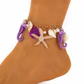 Bohemian gold-tone shell anklet with purple seahorse and starfish charms for women - Purple Seahorse Charm Ocean Style Anklet / KC Gold/Purple