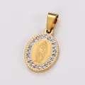 Close-up of 18k gold plated oval religious pendant with clear rhinestone border - Round Virgin Mary / Gold