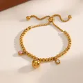 Adjustable gold stainless steel bead bracelet with pink and clear stone charms - Pink and White Rhinestone Beaded Slider Bracelet (M205)