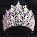 Detailed shot of a luxury bridal tiara featuring sparkling crystal leaves and iridescent gems - Silver (Full AB Rhinestone)